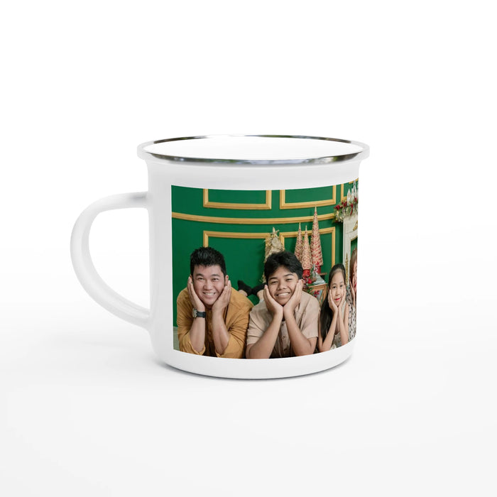 Personalised white enamel camp mug with photo